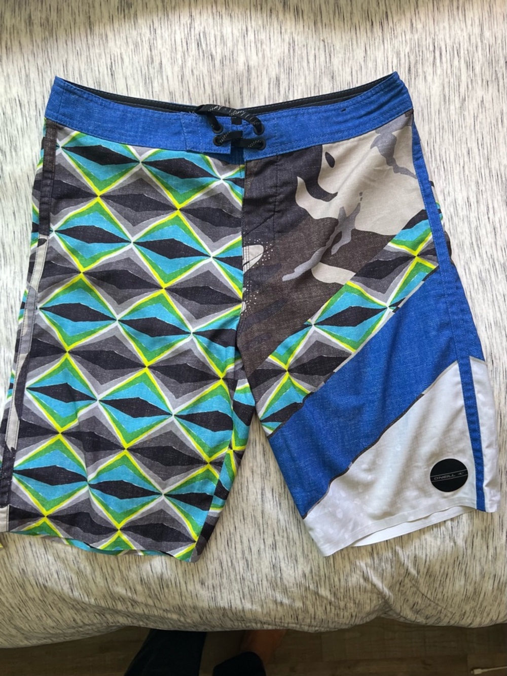 O'Neill Blue, Green & Gray Geometric Camo Panel Board Shorts